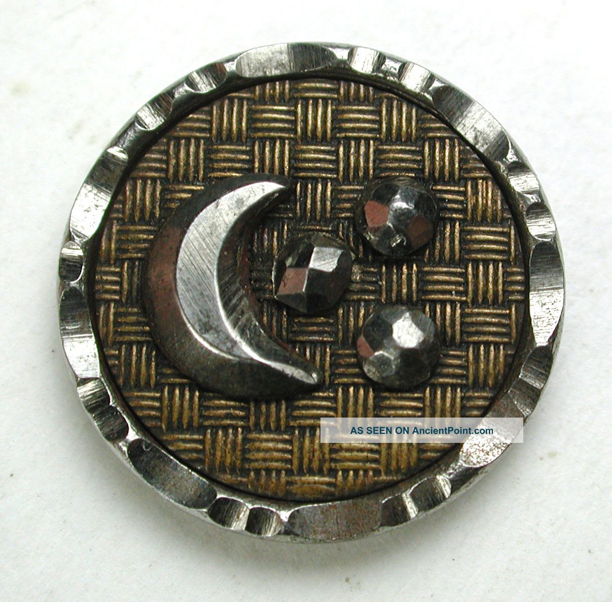 Antique Steel Cup Button W/ Cut Steel Crescent Moon & Star - 5/8 