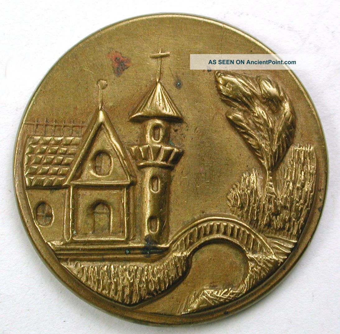 Antique Stamped Brass Button Chateau Pictorial W/ Bridge - 11/16 