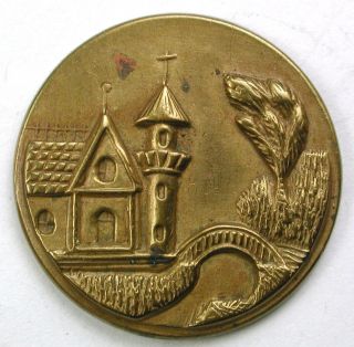 Antique Stamped Brass Button Chateau Pictorial W/ Bridge - 11/16 