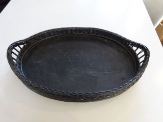 Antique Victorian Black Painted Wicker Serving Tray With Handles Chippy 21x13 photo