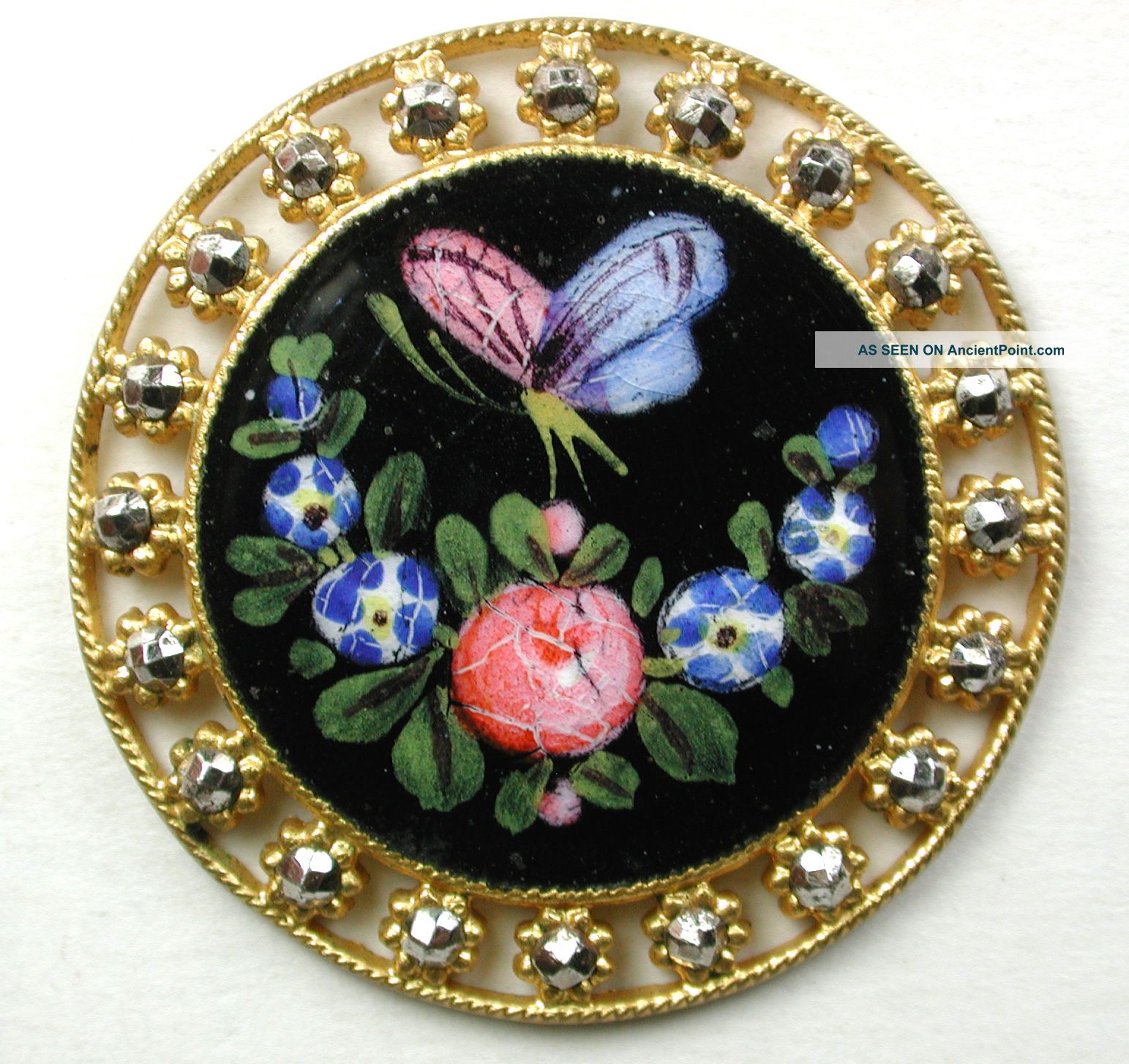Antique French Enamel Button Butterfly & Flowers W/ Pierced Cut Steel Border Buttons photo