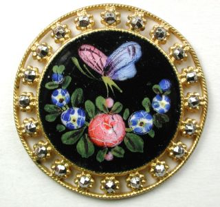 Antique French Enamel Button Butterfly & Flowers W/ Pierced Cut Steel Border photo