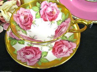 Aynsley Tea Cup And Saucer Athens Wide Mouth Cabbage Roses Gold Teacup photo