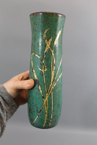 Antique Arts & Crafts Sterling Cat - O - Nine Tails On Green Verdigris Copper Vase photo