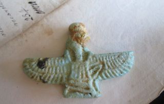 Antique Old Ancient Egyptian Faience Bird God Horus Amulet 300 Bce photo