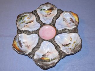 Oyster Plate Dish Hand Painted Asian Scenes Boat Fish Pelican Bird Vintage Pink photo