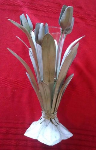 Tole Metal Vase Centerpiece With Metal Flower Accents photo