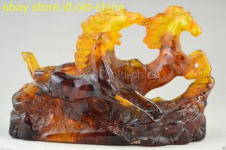 Amber Horse Statue China Collectible Decorate Handwork Carve 3 Horse Lifelike photo