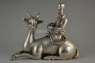 China Collectible Decorate Handwork Tibet Silver Carve Old Man Deer Statue photo