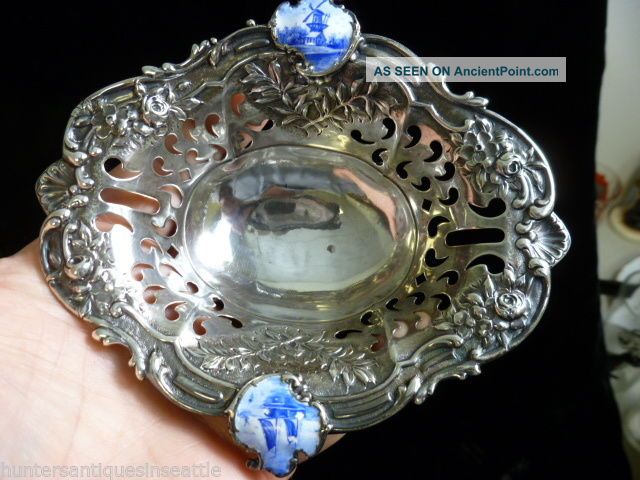 Antique Gorham Sterling & Enamel Work Open Work Bowl Dutch Scenes Bowls photo
