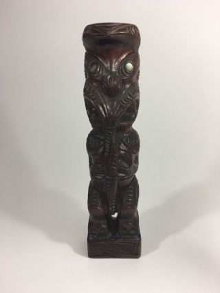 Large Maori Carved Tribal Tekoteko Abalone Inlay Zealand Tiki Bar Sculpture photo