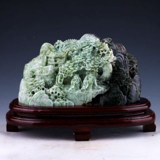 100 Natural Dushan Jade Hand - Carved Landscape Statue W Tree & Old Man Chl - 603 photo