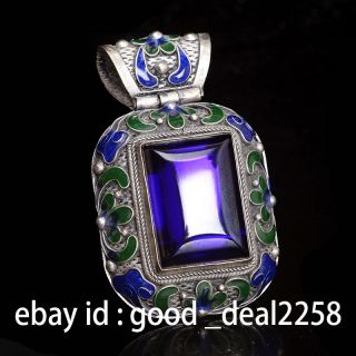 Rare China Silver Old Violet Zircon Cloisonne Collect Hand Carved Pendant 4 photo