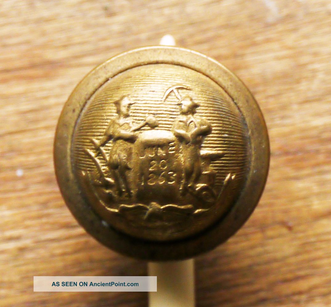 Antique West Virginia State Seal Brass Button,  High Dome,  9/16 