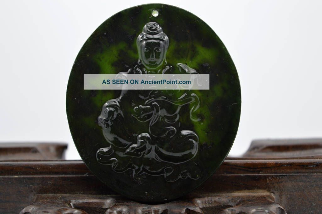 Hand - Carved Large Dark Green Chinese Jade Statue Pendant Guanyin Necklaces & Pendants photo