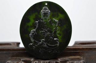 Hand - Carved Large Dark Green Chinese Jade Statue Pendant Guanyin photo