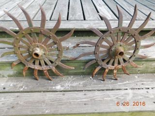 2 Rustic Rotary Hoe Wheels Cast Iron Garden Art - Gear Sprocket Spikes Steampunk photo