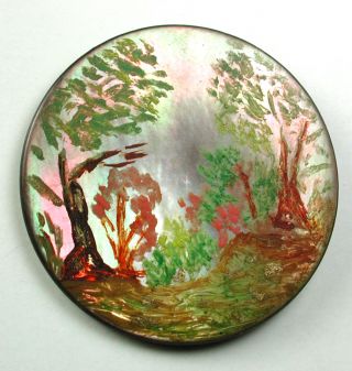 Antique Iridescent Shell Button W/ Hand Painted Forest Scene - 1 & 3/8 Inch photo