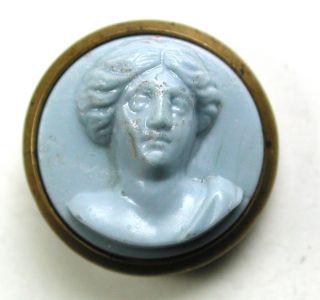 Antique Glass In Metal Button Pale Blue Womans Head In Brass - 7/16 Inch photo