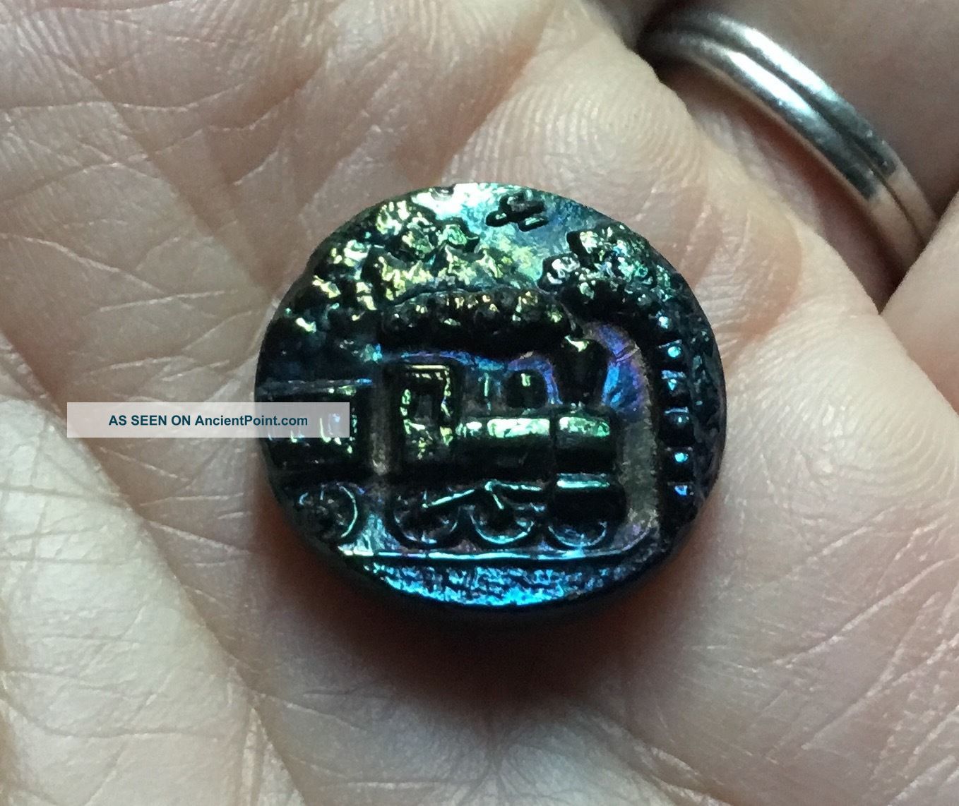 Antique Vtg Black Carnival Glass Button - Train Engine - Very Iridescent Buttons photo
