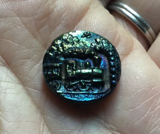 Antique Vtg Black Carnival Glass Button - Train Engine - Very Iridescent photo