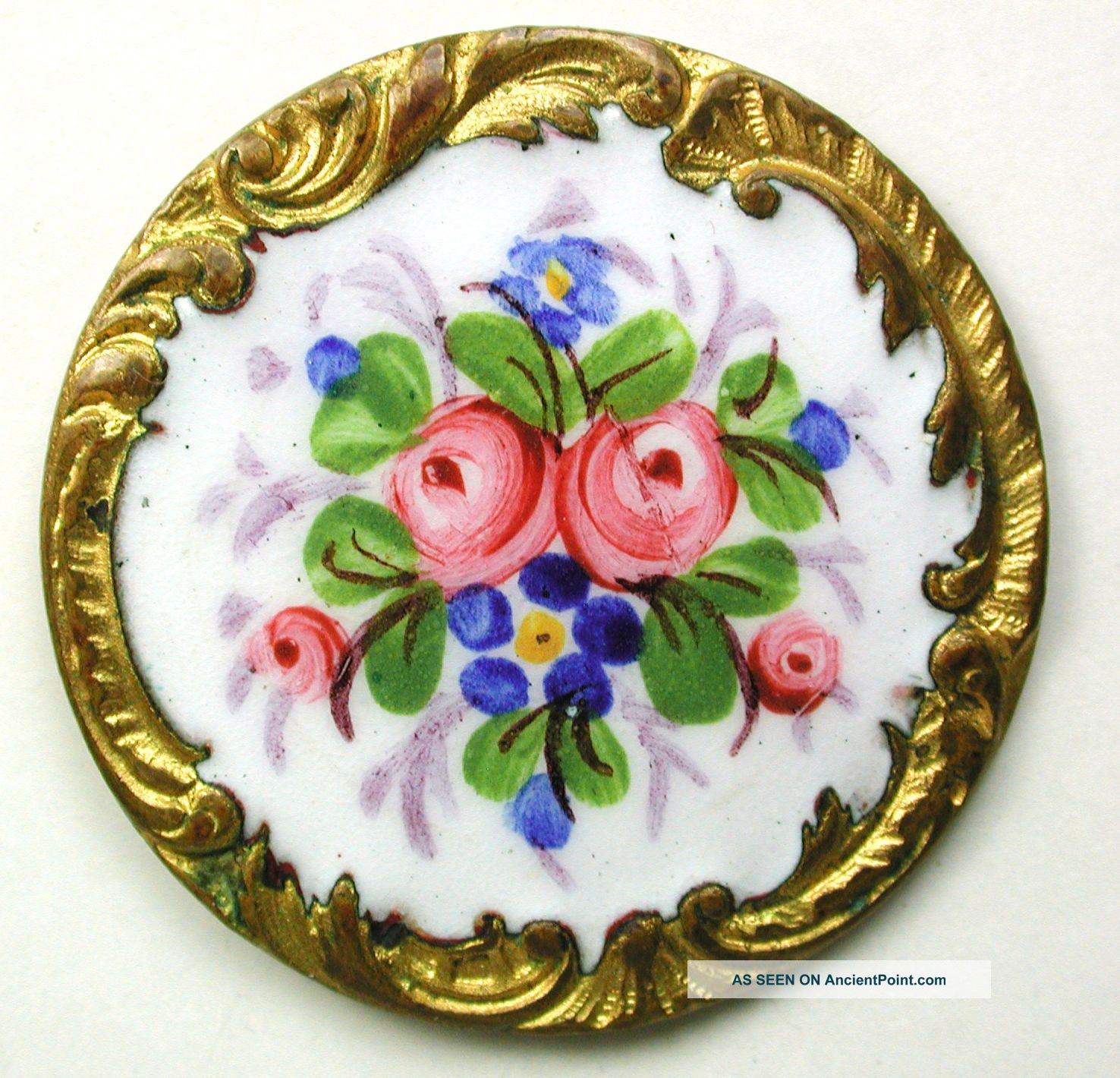 Antique French Enamel Button Hand Paint Detailed Flowers - Paris Back - 1 & 3/16 