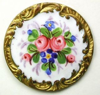 Antique French Enamel Button Hand Paint Detailed Flowers - Paris Back - 1 & 3/16 