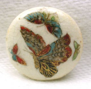 Antique Satsuma Button Meiji Period Colorful Butterfly Scene 5/8 