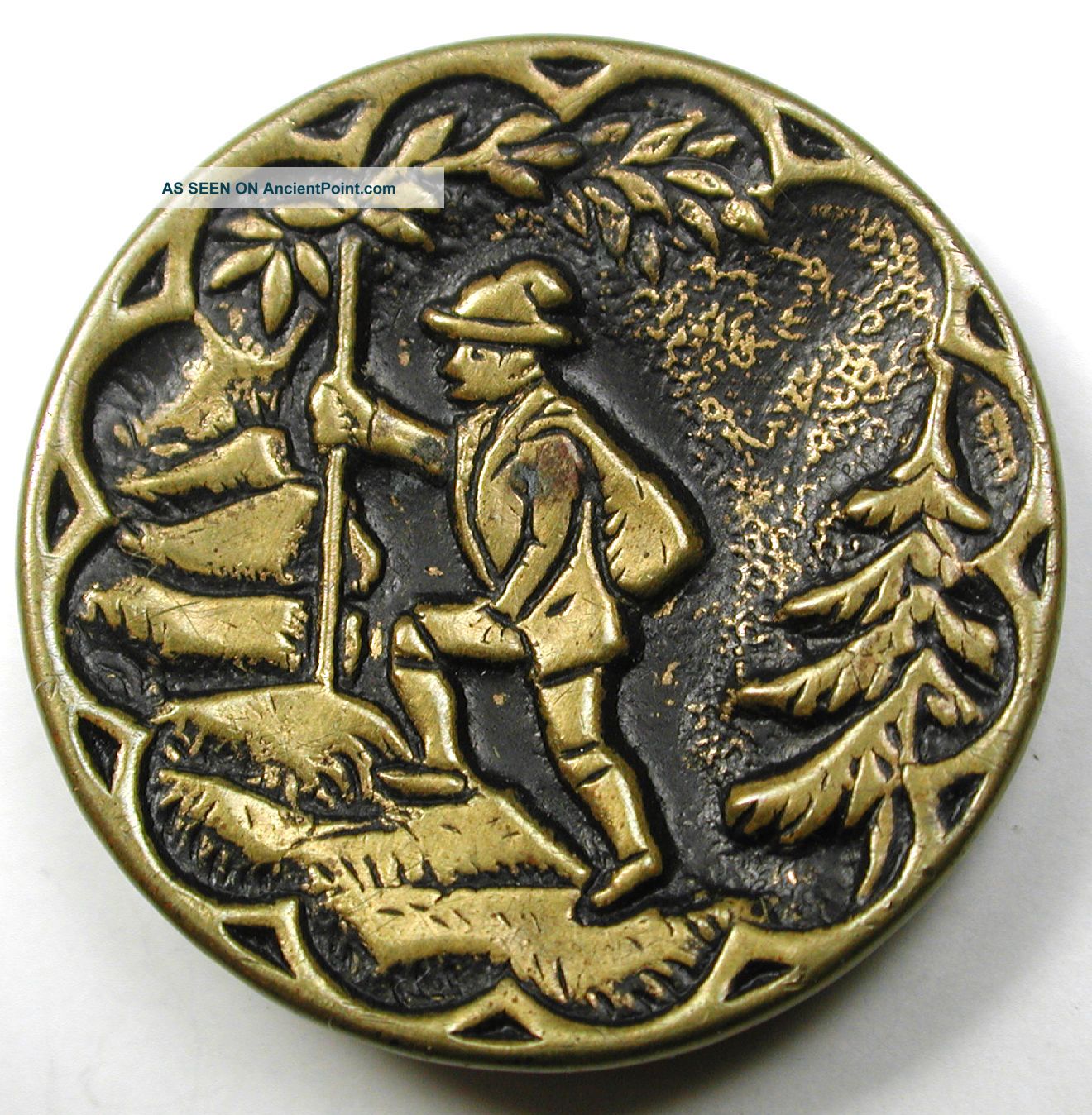 Antique Brass Button Hiker Ascending Slope In Forest Scene - 1 Inch Buttons photo