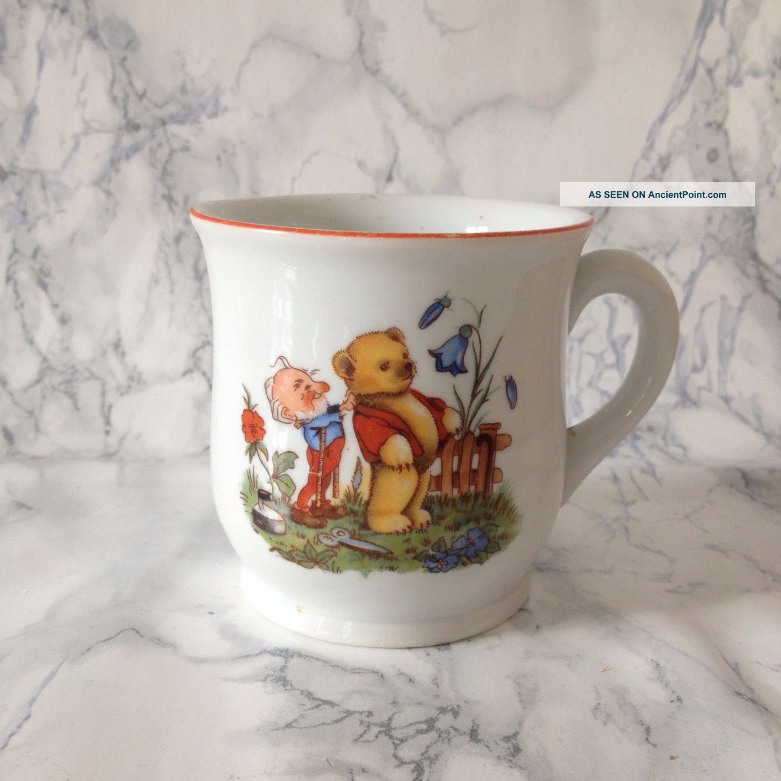 Vintage German Ceramic Cup Childrens Illustration Gnome And Squirrel Gift Orange