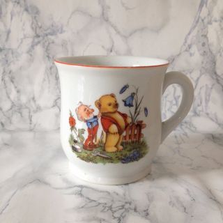 Vintage German Ceramic Cup Childrens Illustration Gnome And Squirrel Gift Orange photo