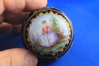 Antique Sevres Hinged Round Shaped Trinket Box Cobalt Blue,  Painted Lid & Inner photo