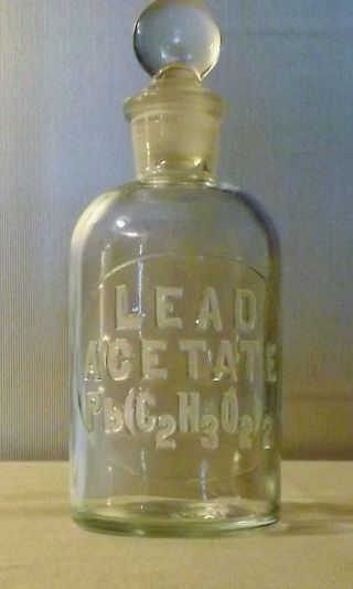 Antique Clear Apothecary Pharmacy Bottle Lead Actate Chemical Name Below photo
