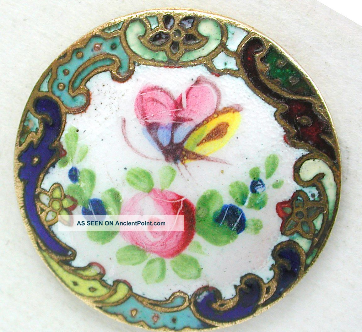 Antique French Enamel Button Hand Painted Butterfly & Rose W/ Champleve Border Buttons photo