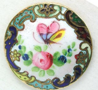 Antique French Enamel Button Hand Painted Butterfly & Rose W/ Champleve Border photo