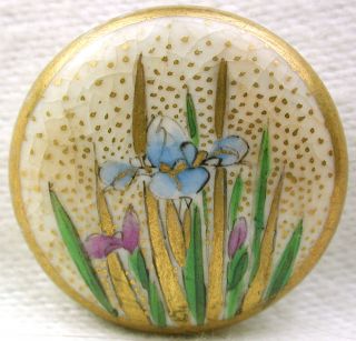Vintage Satsuma Button Hand Painted Iris Flowers Design W/ Gold Accents 13/16 