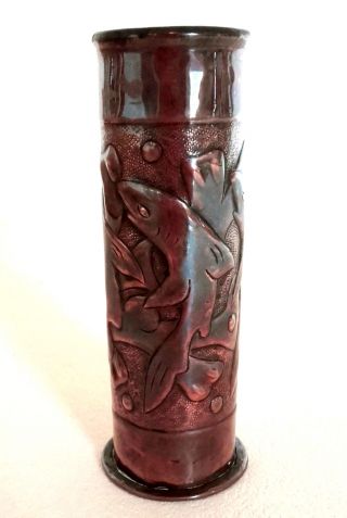 Antique 19thc Arts & Crafts Movement Newlyn Sharks Fish Copper Spill Vase photo