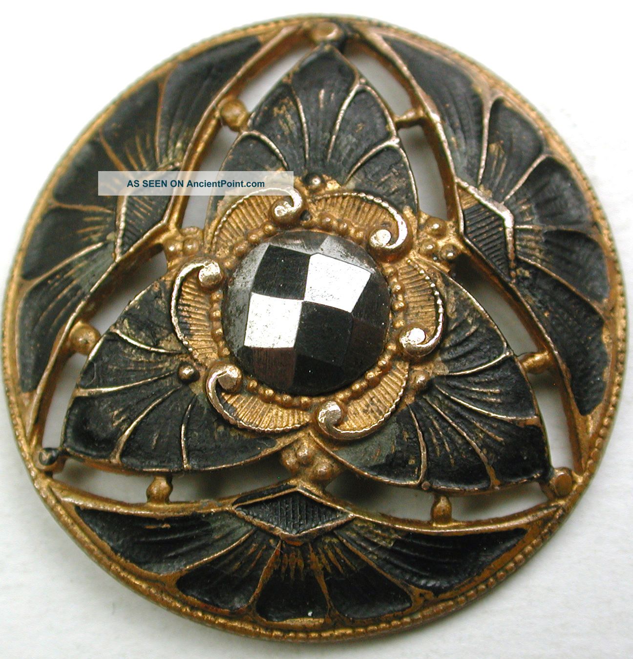 Antique Pierced Brass Button Fancy W/ Cut Steel & Paint Accent - 1 & 1/16 