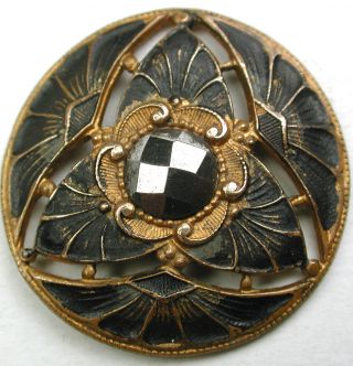 Antique Pierced Brass Button Fancy W/ Cut Steel & Paint Accent - 1 & 1/16 