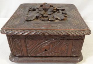 Antique Victorian Wood Carved Flower Old German Black Forest Style Jewelry Box photo