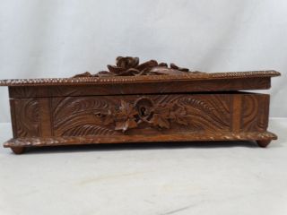 Antique Victorian Wood Carved Flower Old Black Forest Coffin Style Jewelry Box photo