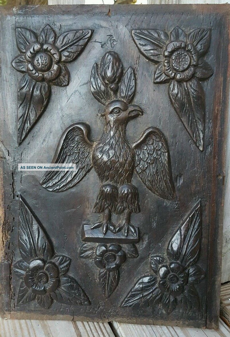 18thc Antique Carved Wood Eagle Flower Folk Art Oak Architectural Salvage Panel Other Antique Woodenware photo