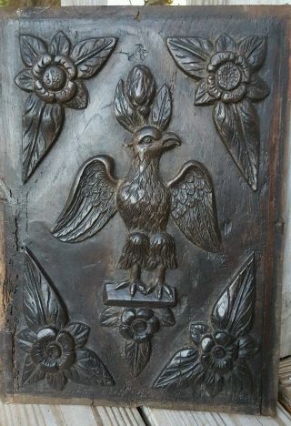 18thc Antique Carved Wood Eagle Flower Folk Art Oak Architectural Salvage Panel photo