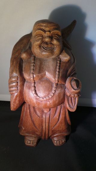 Vintage Happy Buddha,  Wood Hand Carved,  From Assia For Good Luck photo
