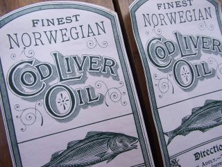 2 Edwardian Period Cod Liver Oil Bottle Paper Labels Old Victorian Chemist Shop photo