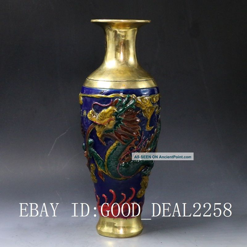 Chinese Brass Cloisonne Hand Carved Dragon Vase W Qianlong Mark Vases photo