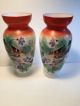 Pair 10 1/2 Antique French Opaline Glass Vases,  Birds Floral Hand Painted Euc Vases photo 5