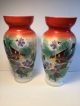 Pair 10 1/2 Antique French Opaline Glass Vases,  Birds Floral Hand Painted Euc Vases photo 6