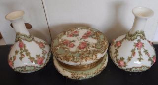 Victorian 1890 Wavecrest Boudoir Ceramic Jewelry Box & 2 Vases W/ Raised Flowers photo