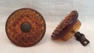 Antique Largevictorian Amber Diamond Point Glass Drawer Knobs Waffle Pattern photo